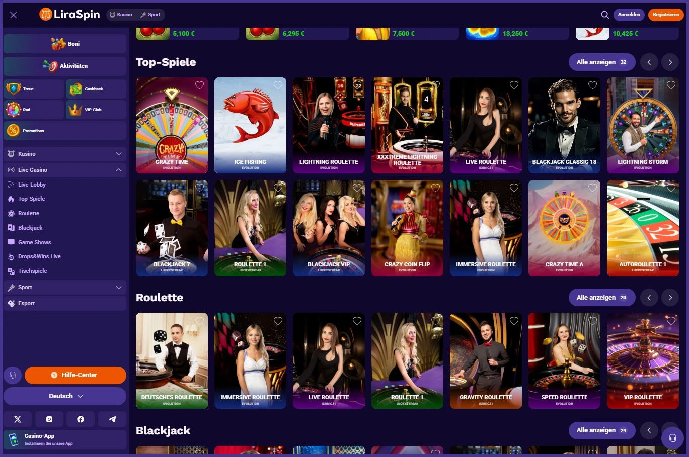 Übersicht aller Live-Casino-Spiele bei LiraSpint Casino