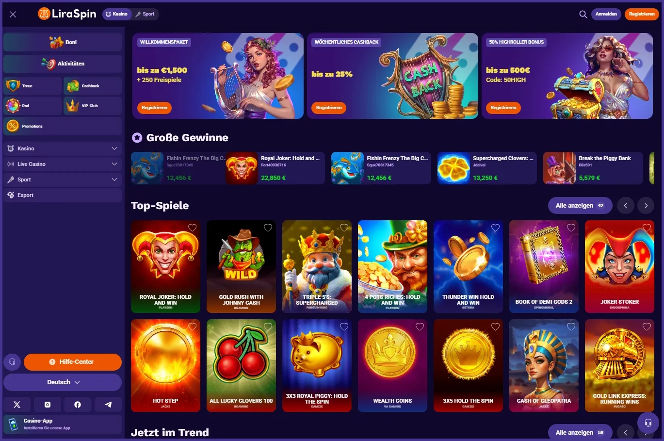 Übersicht der LiraSpin Casino-Hauptseite